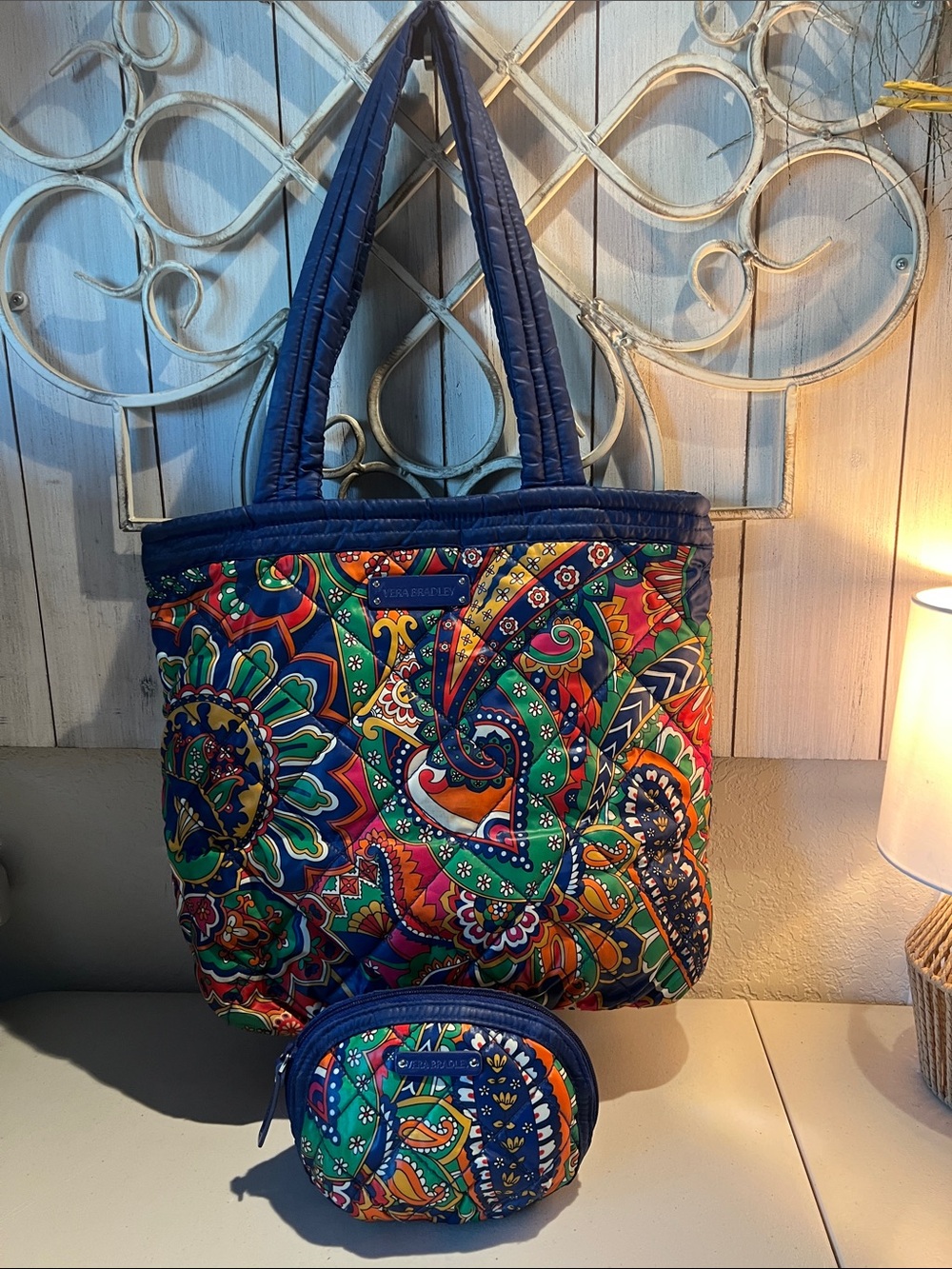 Vera Bradley Navy Quilted Nylon Reversible Tote with Pouch